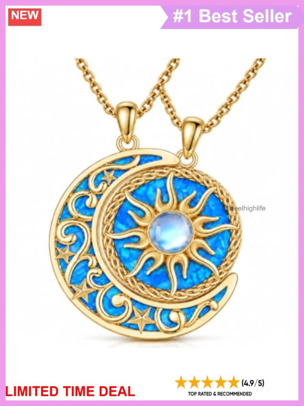 Sun Moon Couple Necklace Abalone Opal Pendant Stainless Steel